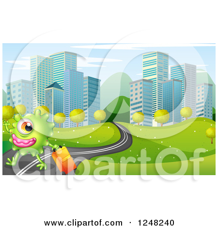 Clipart Of A Green Business Monster On A City Road   Royalty Free