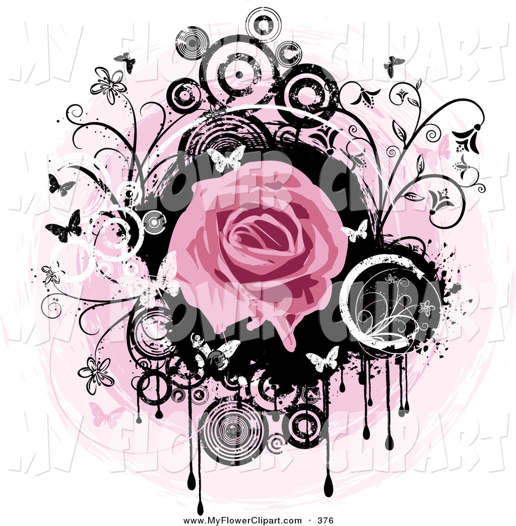 Pink Rose Over A Black Circle With Dripping Paint Black And White