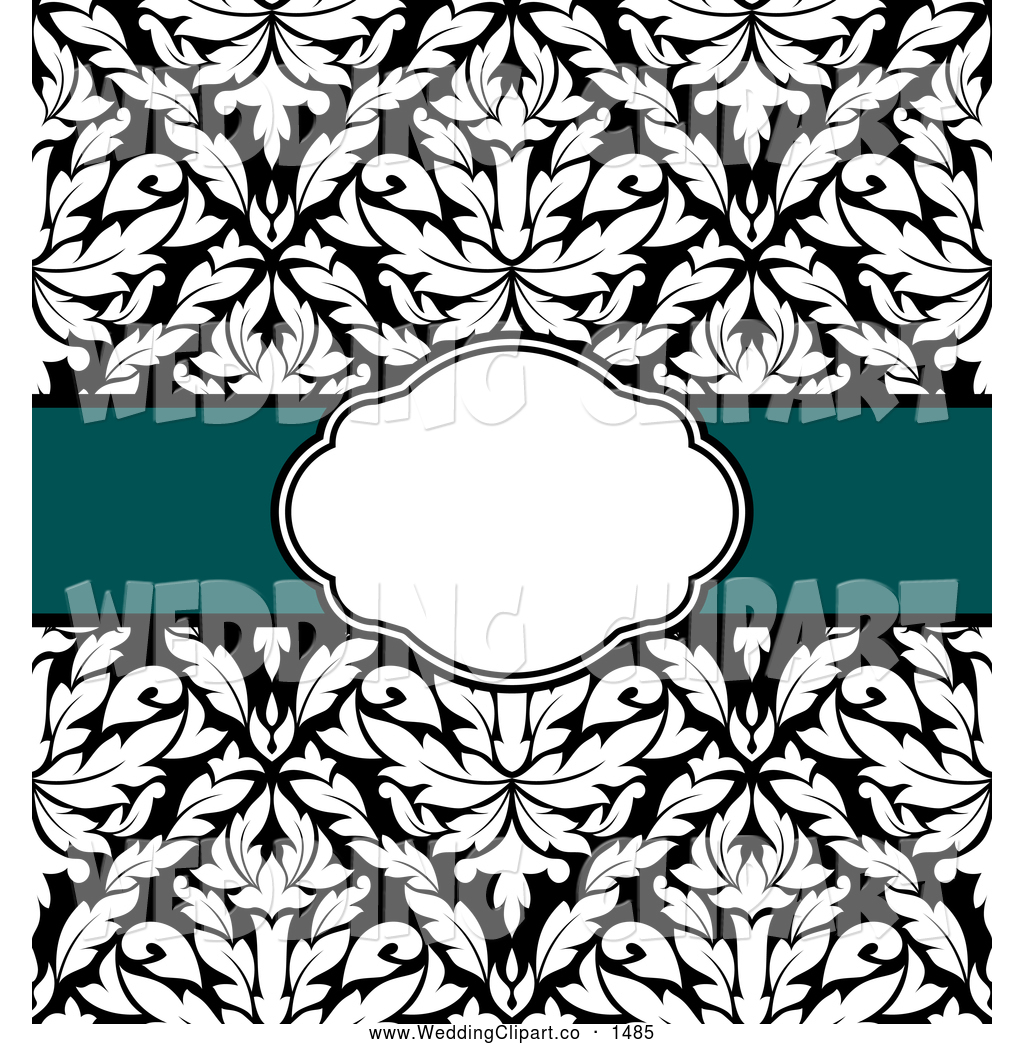 Teal Ribbon And White Wedding Frame Over Black And White Damask