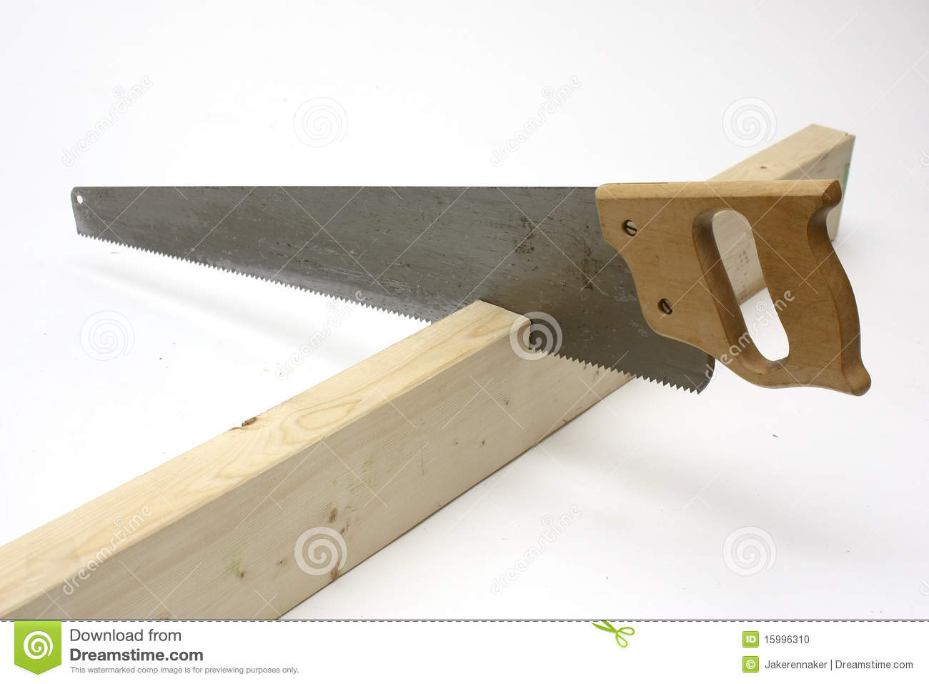 Hand Saw Cutting Wood On A White Background 