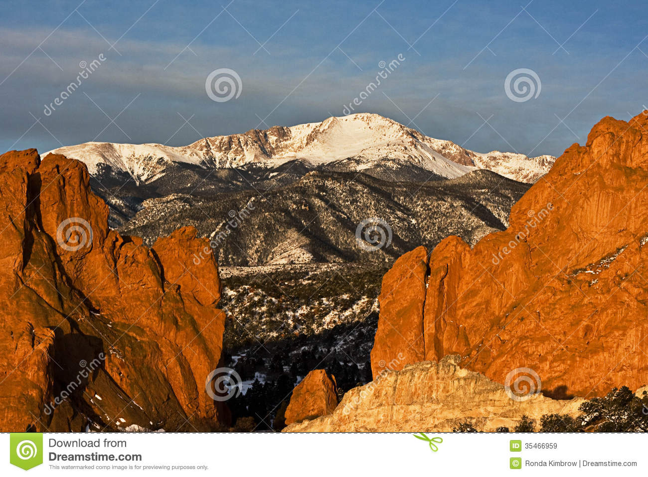 Pikes Peak Between The Garden Of The Gods Rock Formation In Colorado