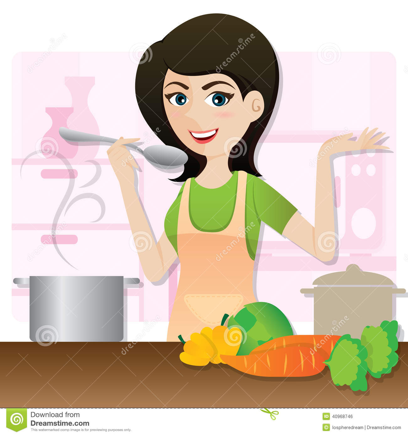 Cartoon Smart Girl Cooking Vegetarian Soup In Kitchen Stock Vector