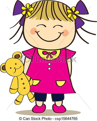 Clip Art Vector Of Cute Little Girl Holding Teddy Bear Csp15644765