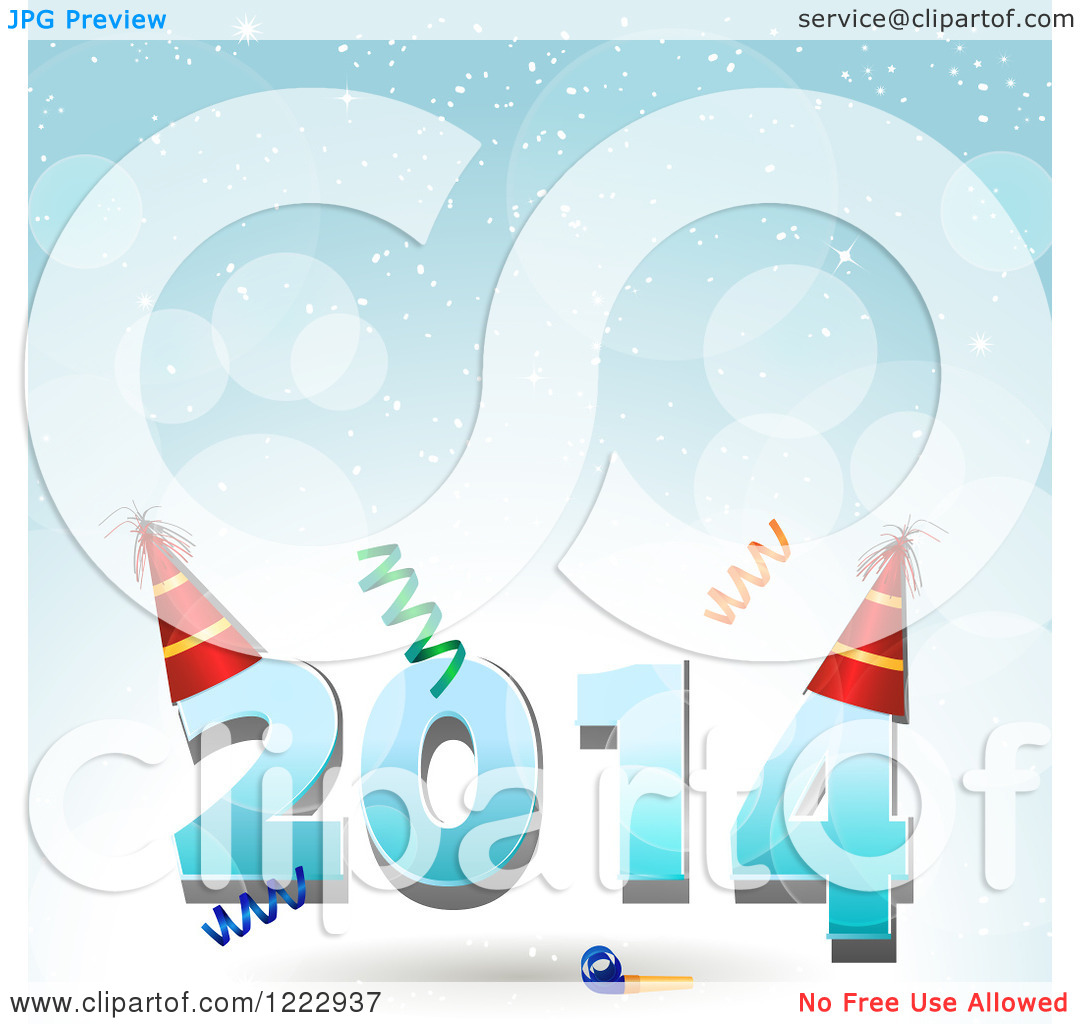 Clipart Of New Year 2014 With Party Hats And Confetti Over Blue Flares    