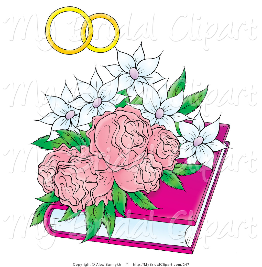 Clipart Of Wedding Bands Over White Flowers And Pink Roses On A Pink