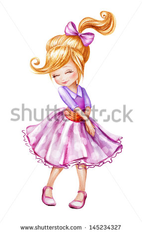 Cute Beautiful Shy Little Girl Cartoon Character Watercolor Painting    