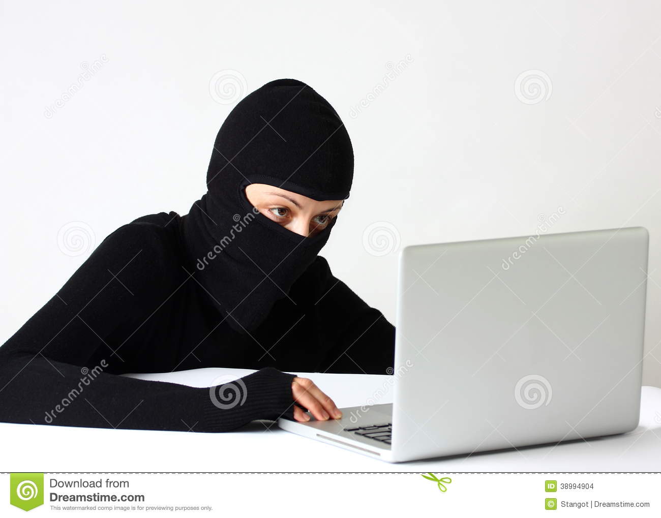 Female Hacker With Laptop Isolated On A White Background