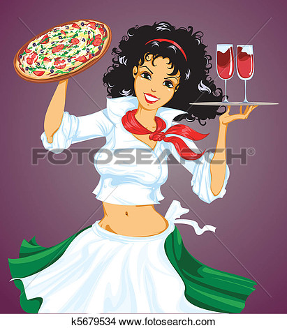 Italian Girl With Pizza And Wine View Large Clip Art Graphic