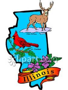 Teal State Of Illinois With State Symbols Of White Tail Deer Red