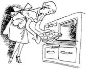 Vintage Illustration Of A Woman Removing Buns From The Oven   Clipart