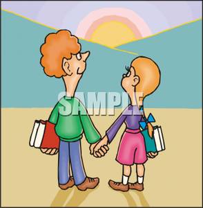 Cartoon Of Two Students Holding Hands   Royalty Free Clipart Picture