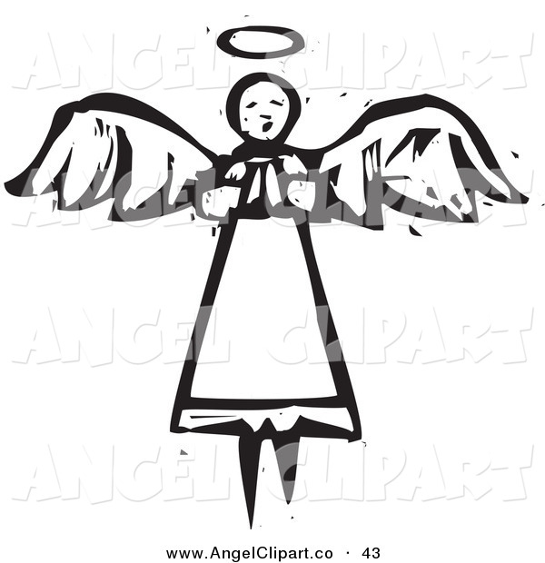 Clip Art Of A Black And White Flying Angel Woman In Prayer With A