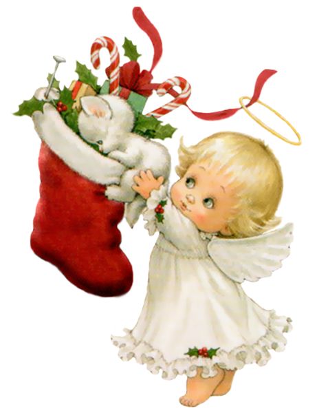 Cute Christmas Angel With White Kitten And Stocking Free Png Clipart
