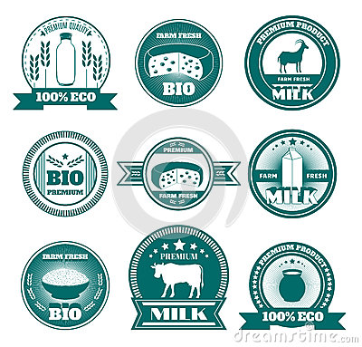 Friendly Dairy Farm Emblems Set With Organic Cottage Cheese And Fresh