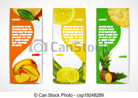 Natural Organic Tropical Fruits Vertical Banners Set Of Mango Lemon