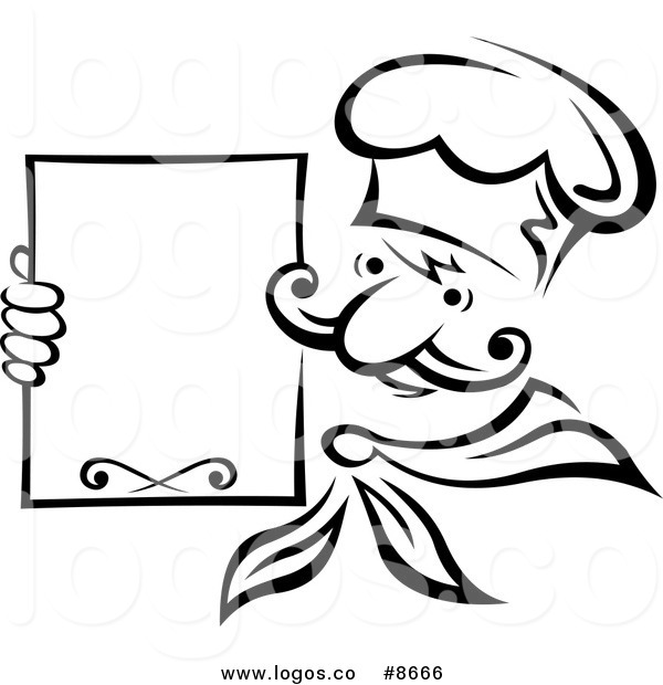 Royalty Free Vector Of A Black And White Chef Holding A Menu Board    