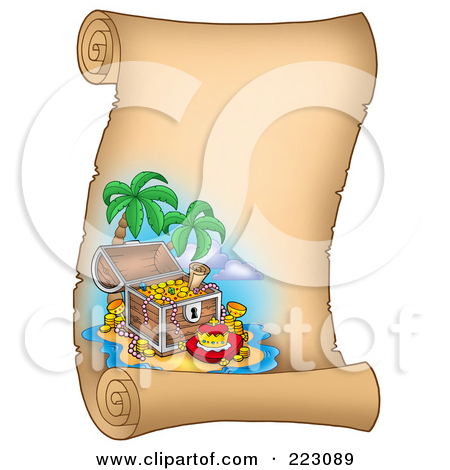 Treasure Chest On A Tropical Island On A Vertical Parchment Page