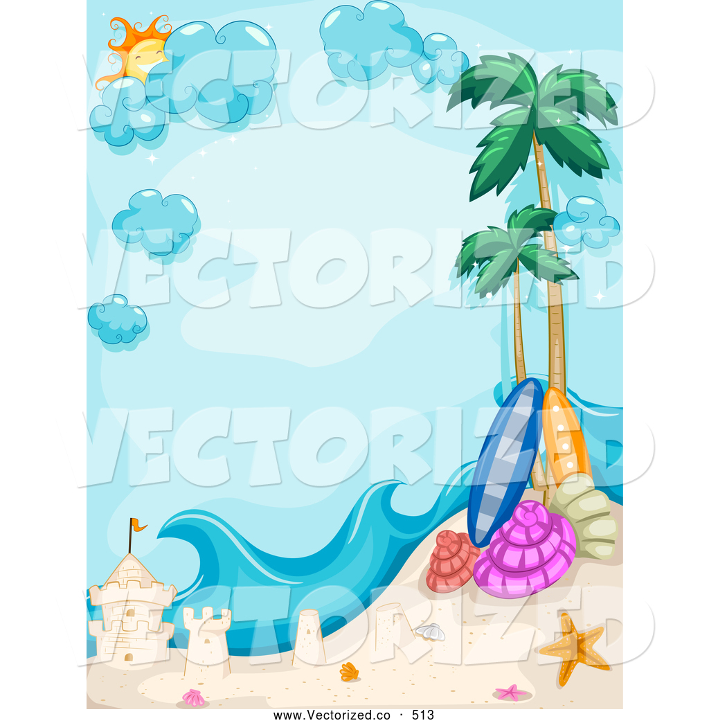 Vertical Tropical Beach Frame With A Sand Castle Surf Boards Palm