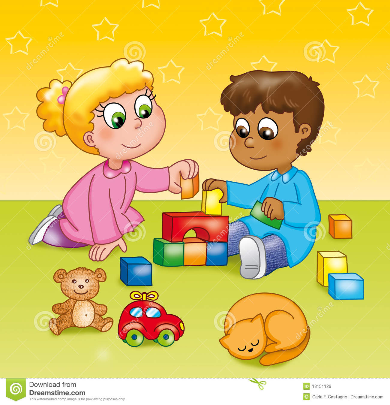 Blond Girl Playing With Young Black Skinned Boy In A Kindergarten