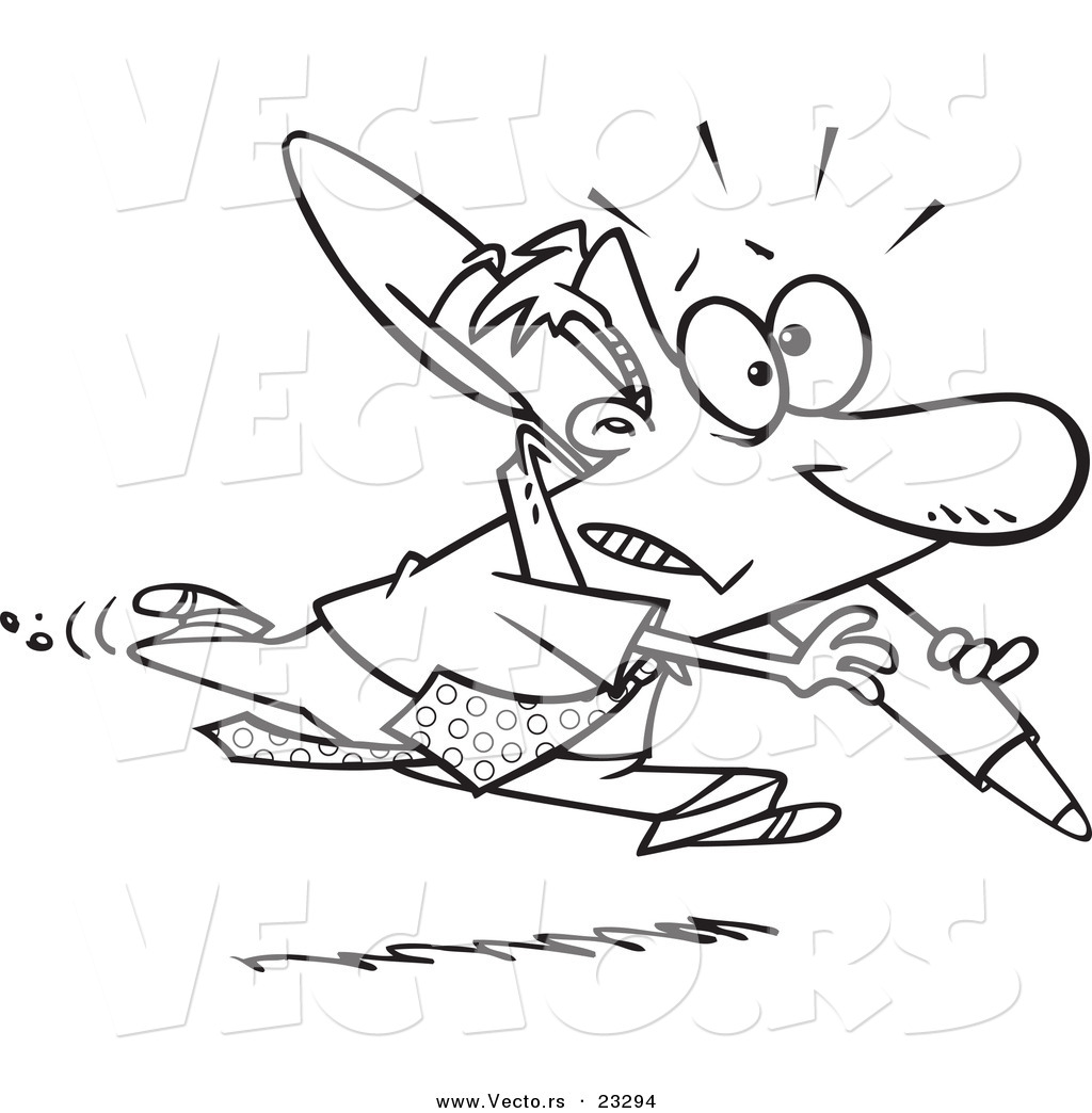 Businessman Running With A Pen   Coloring Page Outline By Ron Leishman