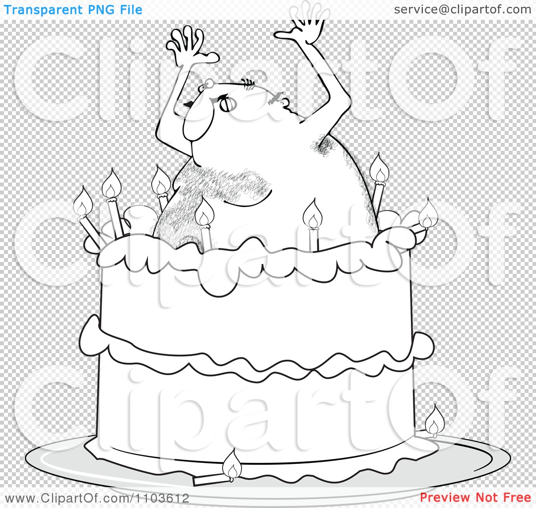 Clipart Outlined Hairy Man Popping Out Of A Birthday Cake   Royalty