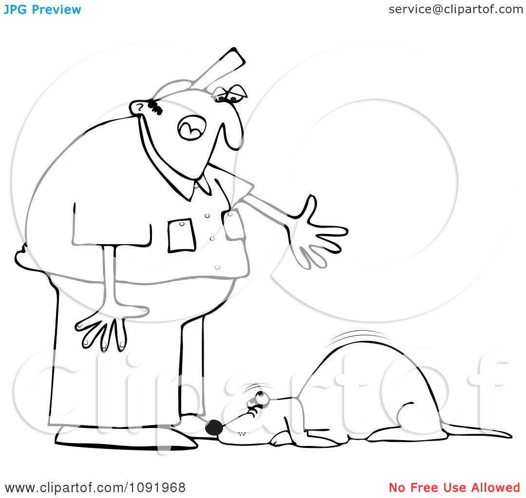 Clipart Outlined Man Yelling At A Bad Dog   Royalty Free Vector