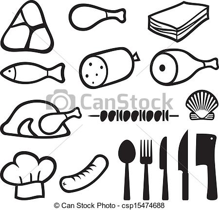 Meat Icons Set Chef Hat Knife Fork Spoon And Meat Cleaver Icon