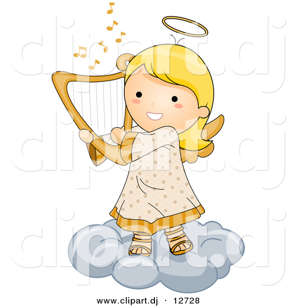 Vector Clipart Of A Cartoon Angel Girl Playing Harp While Standing On