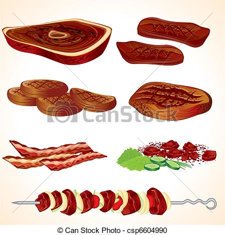 Vector Illustration Of Grilled Meat Bacon Burgers Steaks Shish