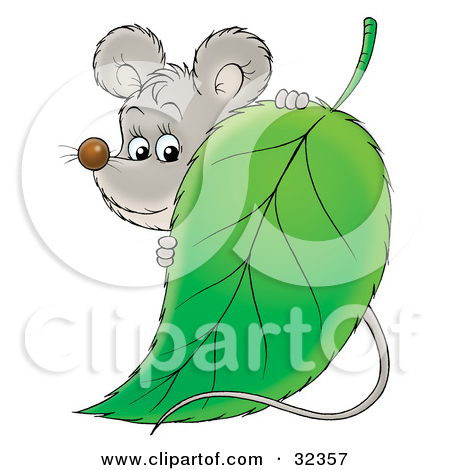 Clipart Illustration Of A Cute Gray Mouse Standing Behind A Green Leaf