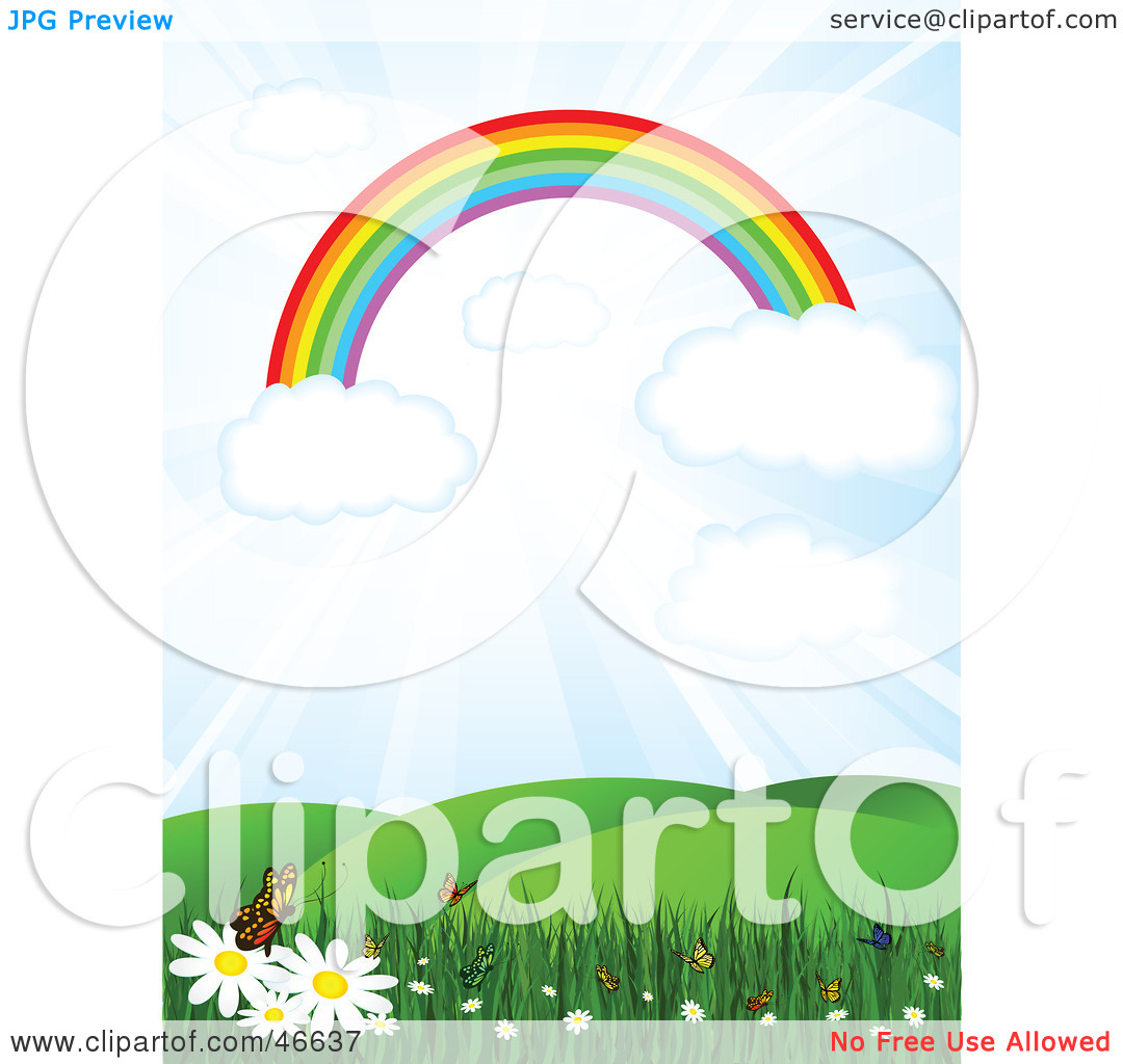 Free  Rf  Clipart Illustration Of A Rainbow On Clouds In A Sunny Sky