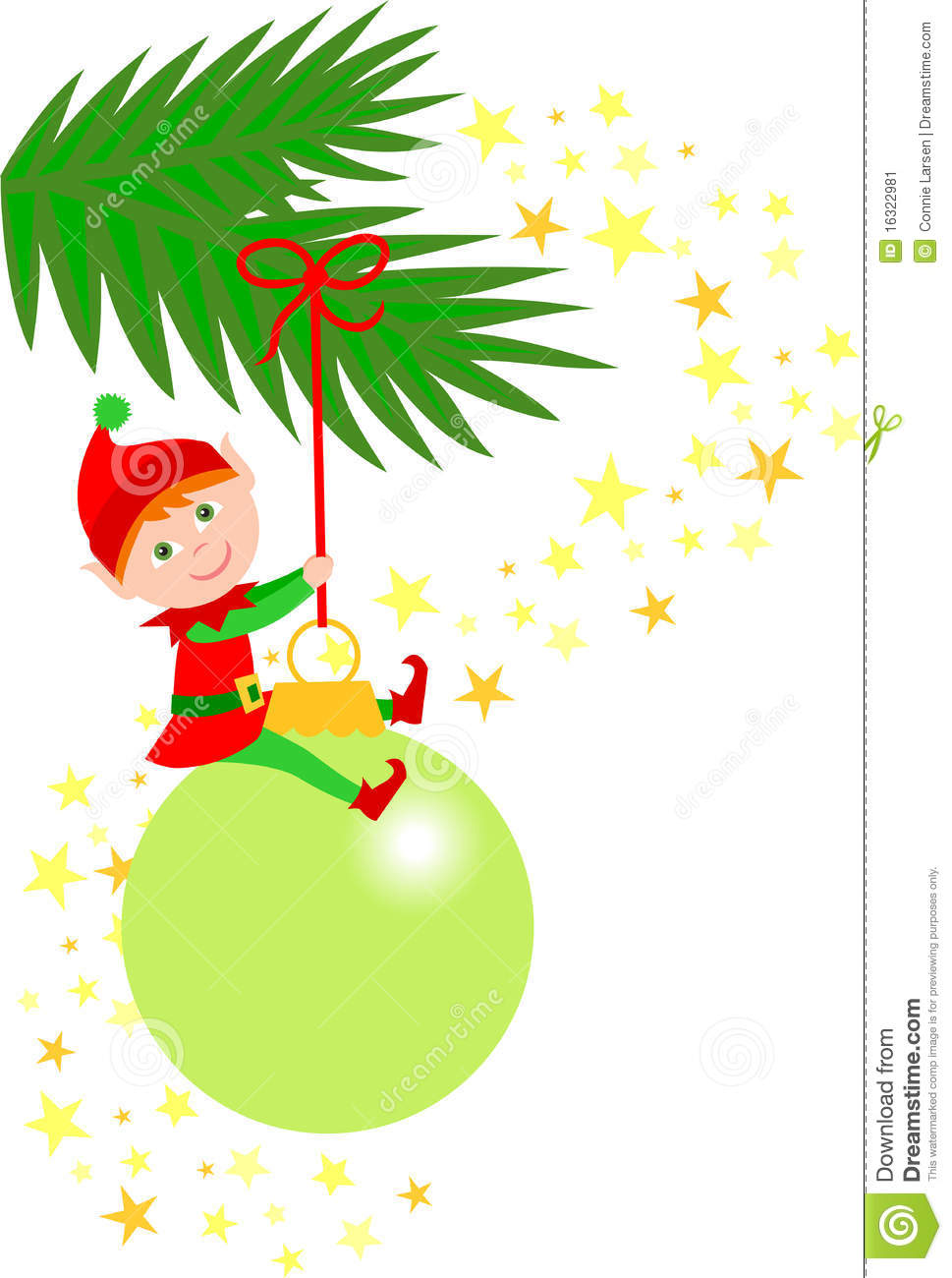 Illustration Of A Cute Christmas Elf Sitting On A Hanging Ornament