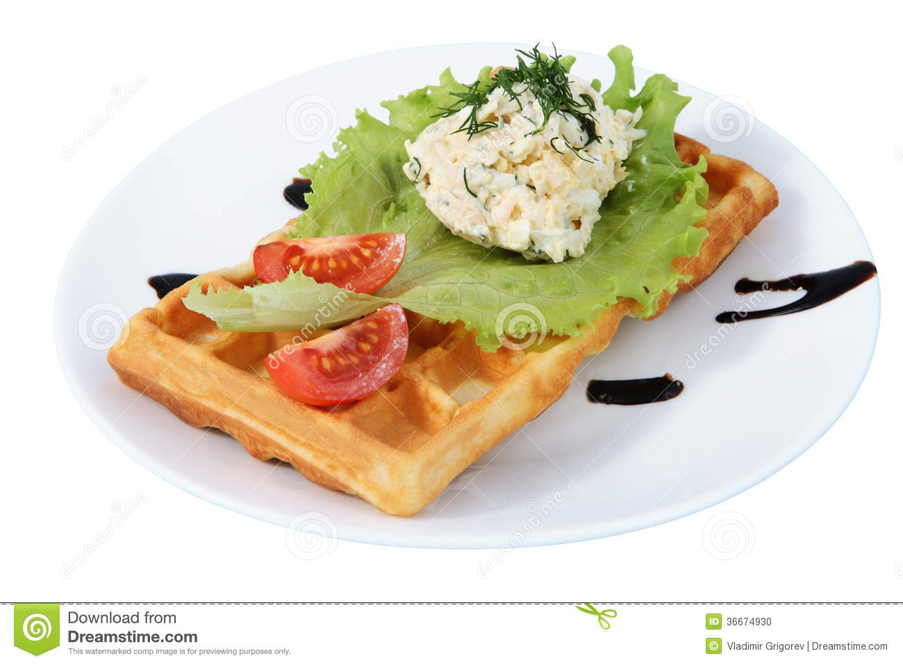 Plate With Fast Food Belgian Waffle Side Dish Tomato Lettuce Stock