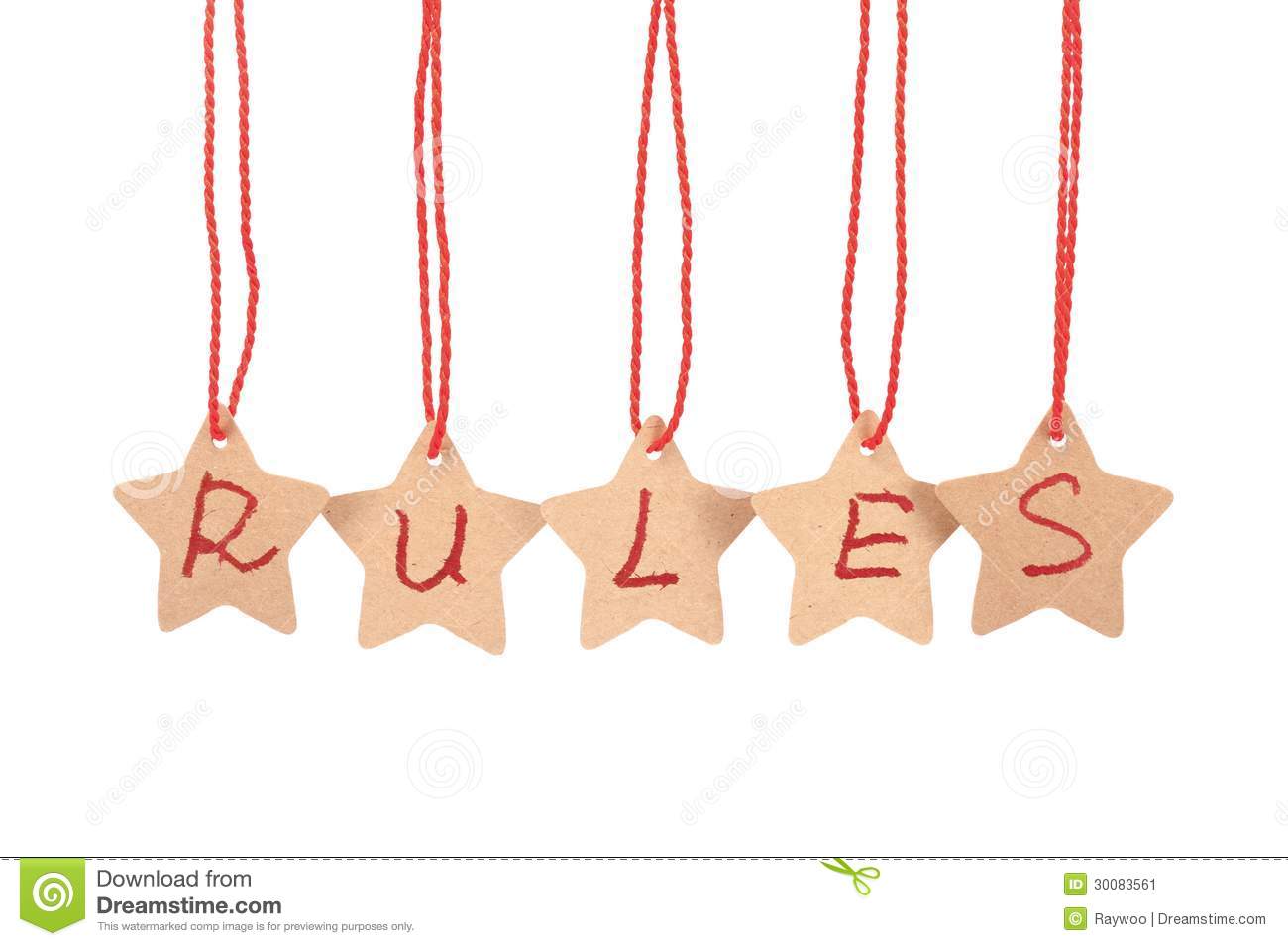 Rules Word Spelled With Paper Stars Are Hung By Ropes Isolated
