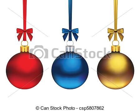 Three Cute Hanging Christmas Ornaments In Diferent Colors Isolated On