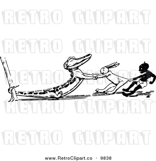 Vector Clipart Of A Retro Black And White Crocodile Tugging Against A