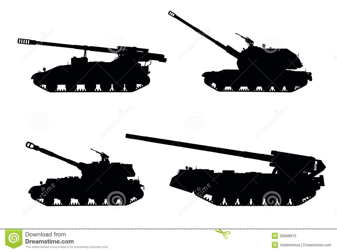 Artillery  Tracked Self Propelled Howitzer Vector Silhouettes Set 