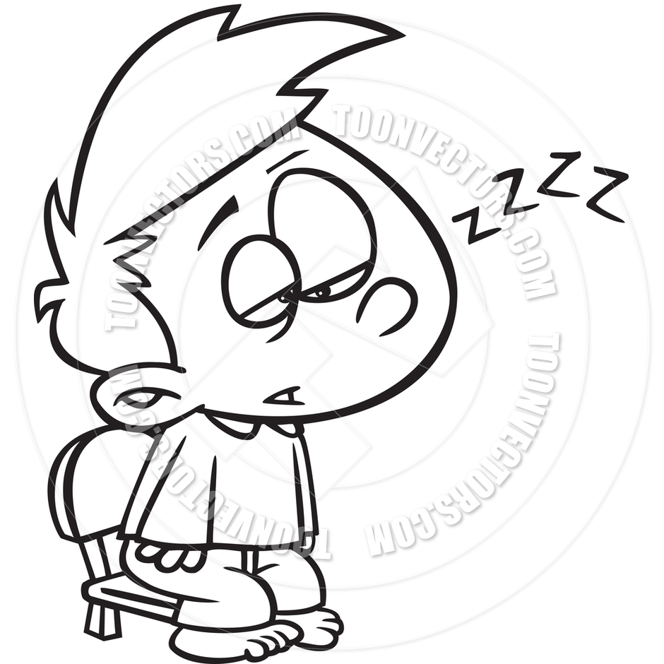Cartoon Boy Falling Asleep  Black And White Line Art  By Ron Leishman    