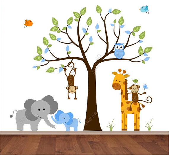 Jungle Nursery Wall Decal Tree With Mom And Baby Boy Elephant Monkey