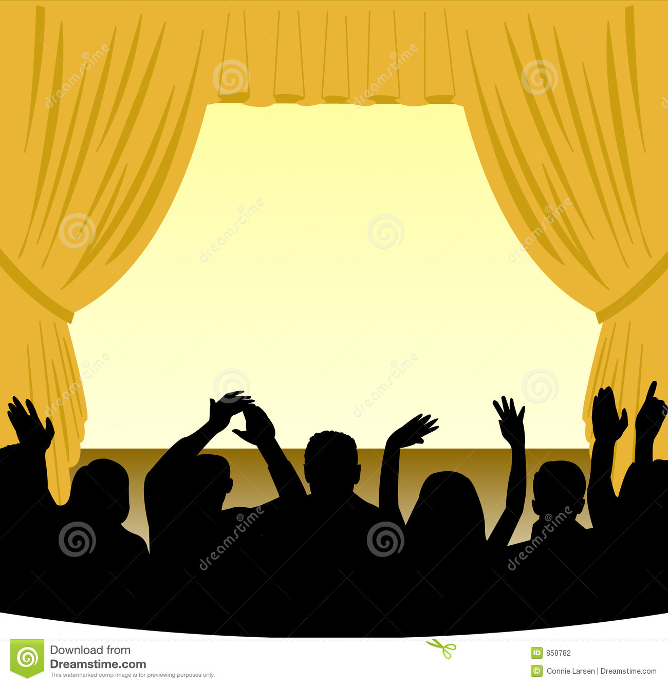 Of A Theater Stage With A Gold Curtain And An Audience In Silhouette