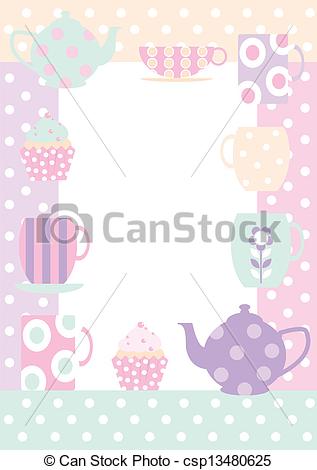 Vector Illustration Of Tea Time Border   Border With Teacups Cupcakes