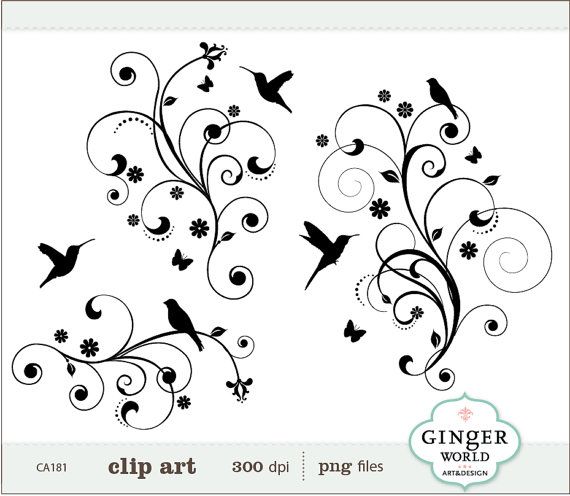 Bird Tree Flower Flourish Swirl Decorative Clip Art By Gingerworld