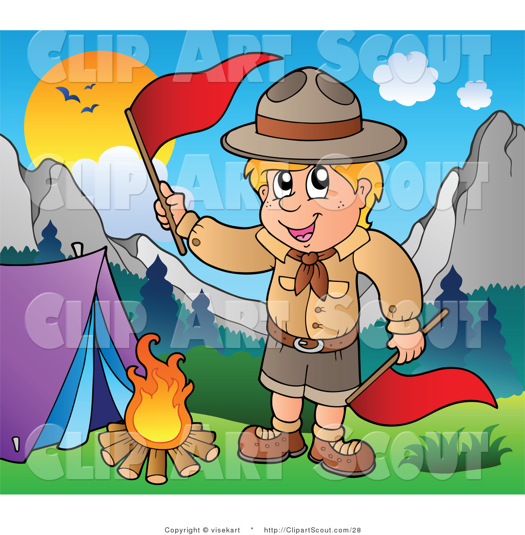Camping Boy Scout Waving A Flag Over A Fire Scout Girl Frame Showing A    