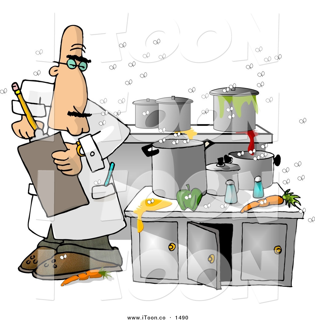 Cartoon Food Health Inspector Man Inspecting A Dirty Kitchen At A