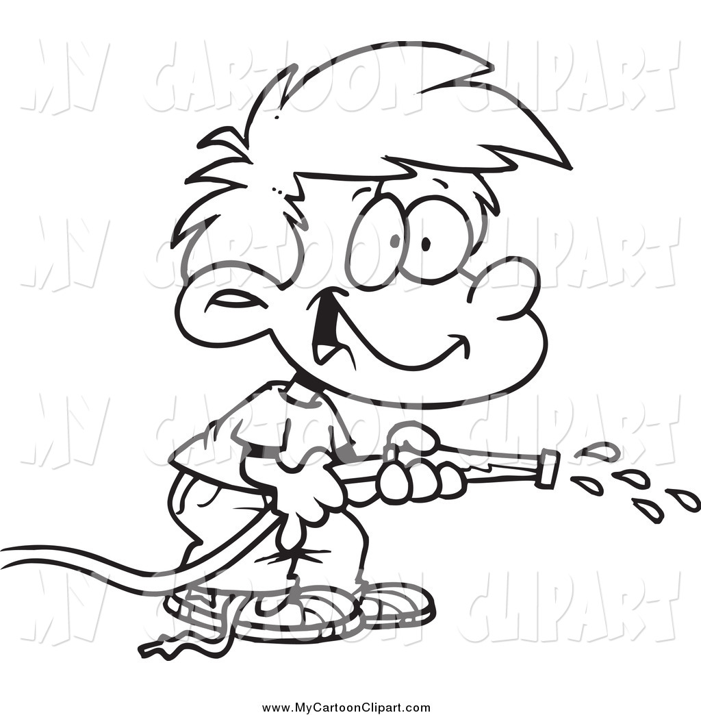 Clip Art Of A Black And White Happy Boy Using A Garden Hose To Water    
