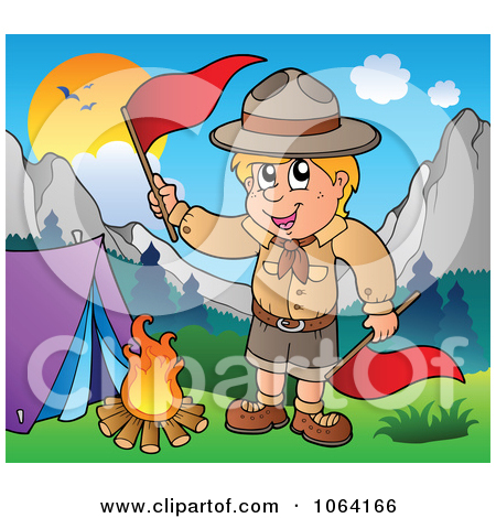 Clipart Camping Scout Boy Waving Red Flags   Royalty Free Vector    