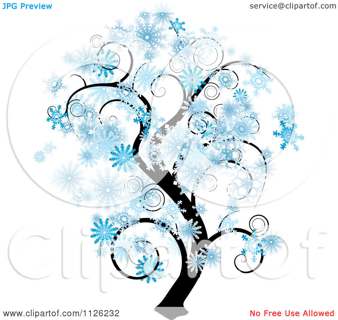Clipart Of A Tree With Swirl Branches And Snowflakes   Royalty Free