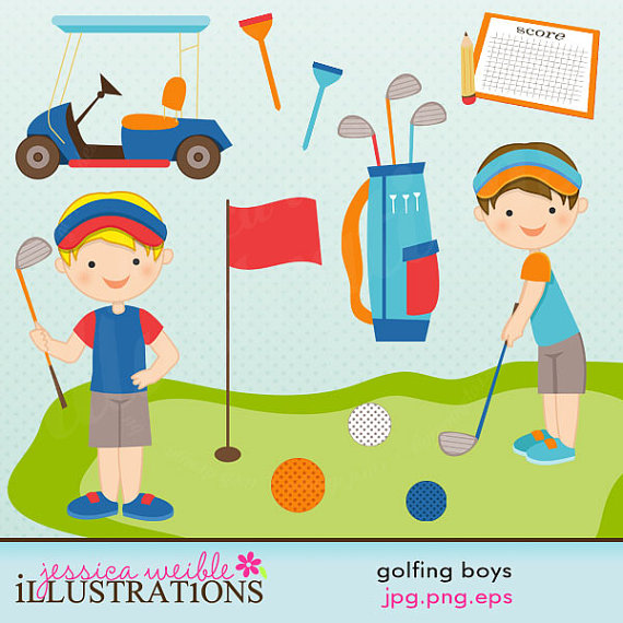 Golfing Boys Cute Digital Clipart For Card Design Scrapbooking And