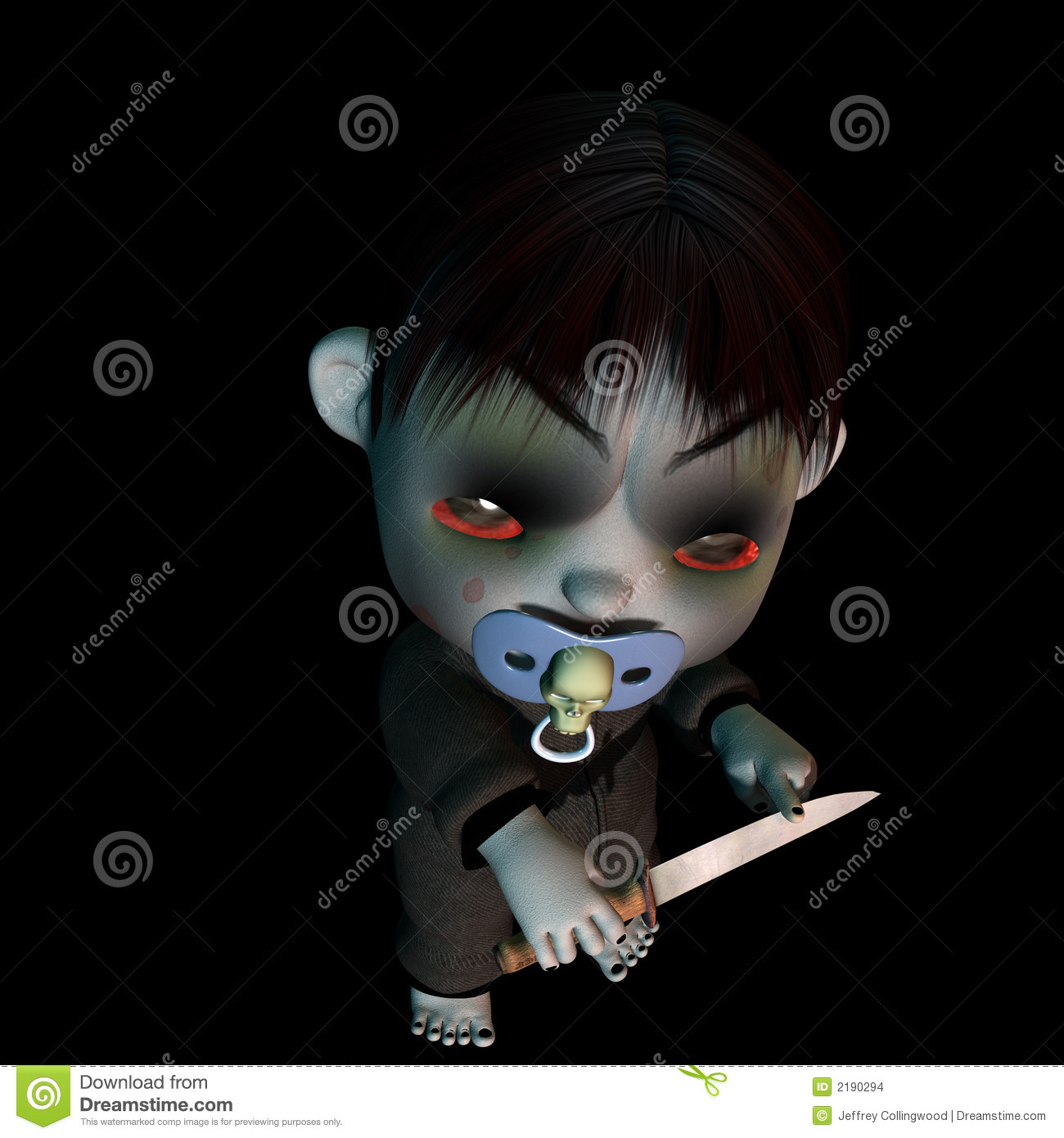 Goth Baby With Black Nails Holding A Knife And Sucking On A Skull