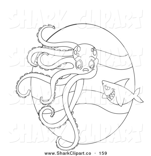     Of A Coloring Page Outline Design Of A Shark Approaching An Octopus